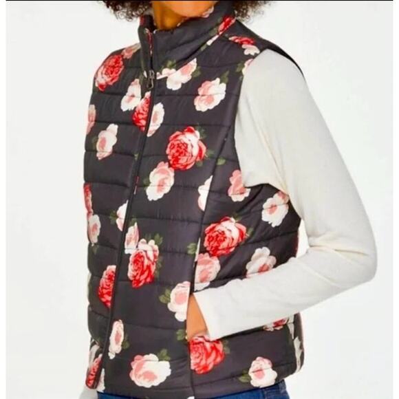 Loft Floral Quilted Puffer Vest Red & Pink Roses on Black - Size M - Picture 1 of 11
